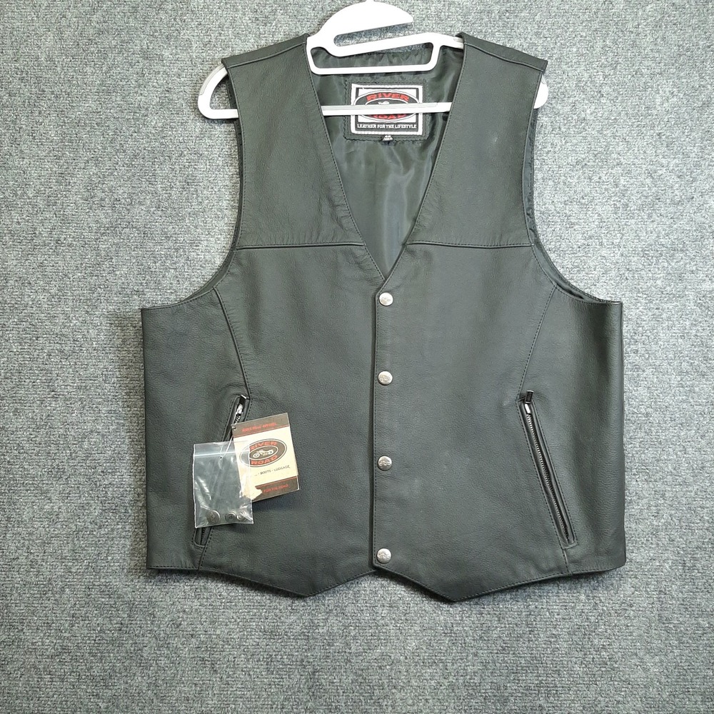 River Road Genuine Buffalo Leather Motorcycle Sleeveless Vest Black Chest 43